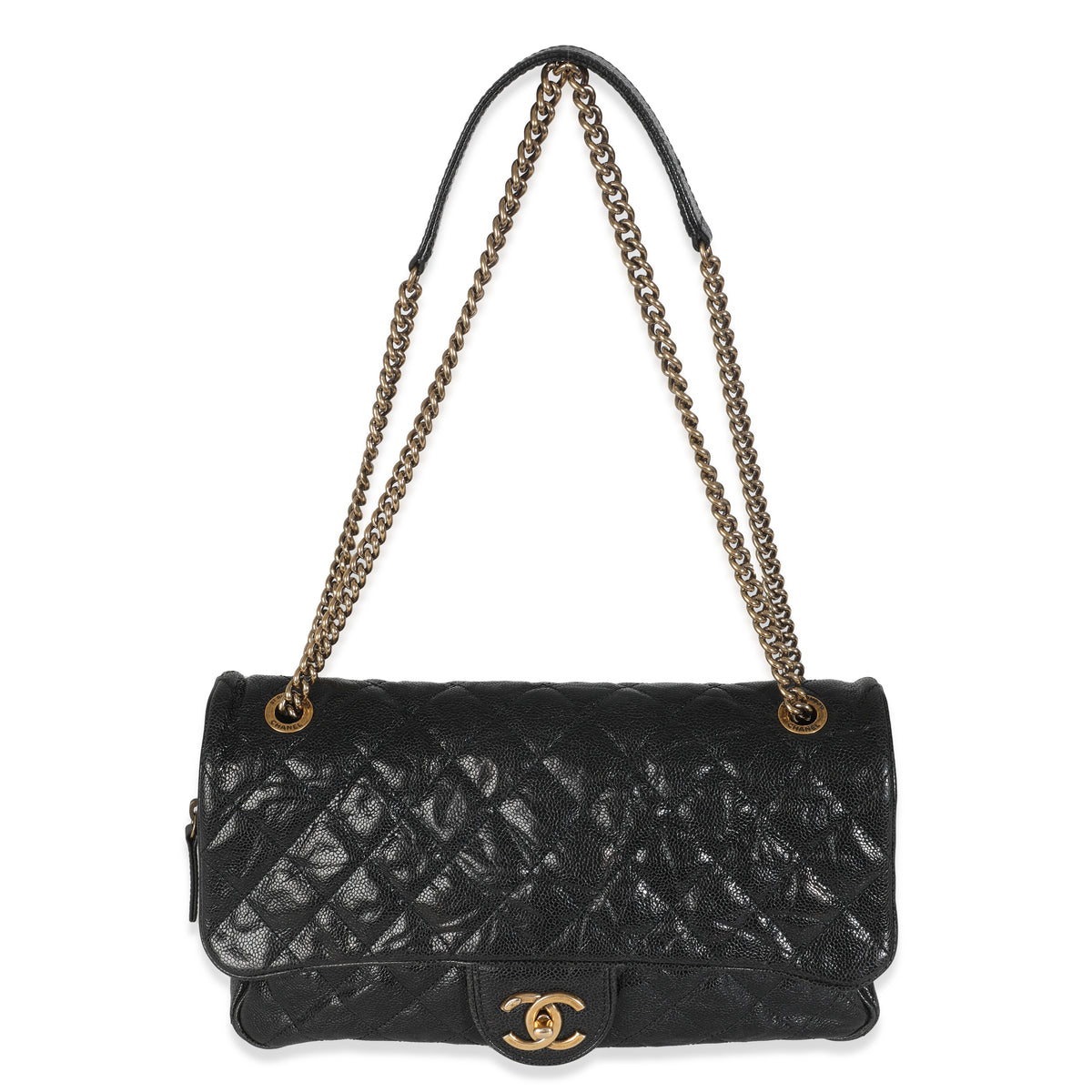 Black Quilted Distressed Caviar Shiva Flap Handbag