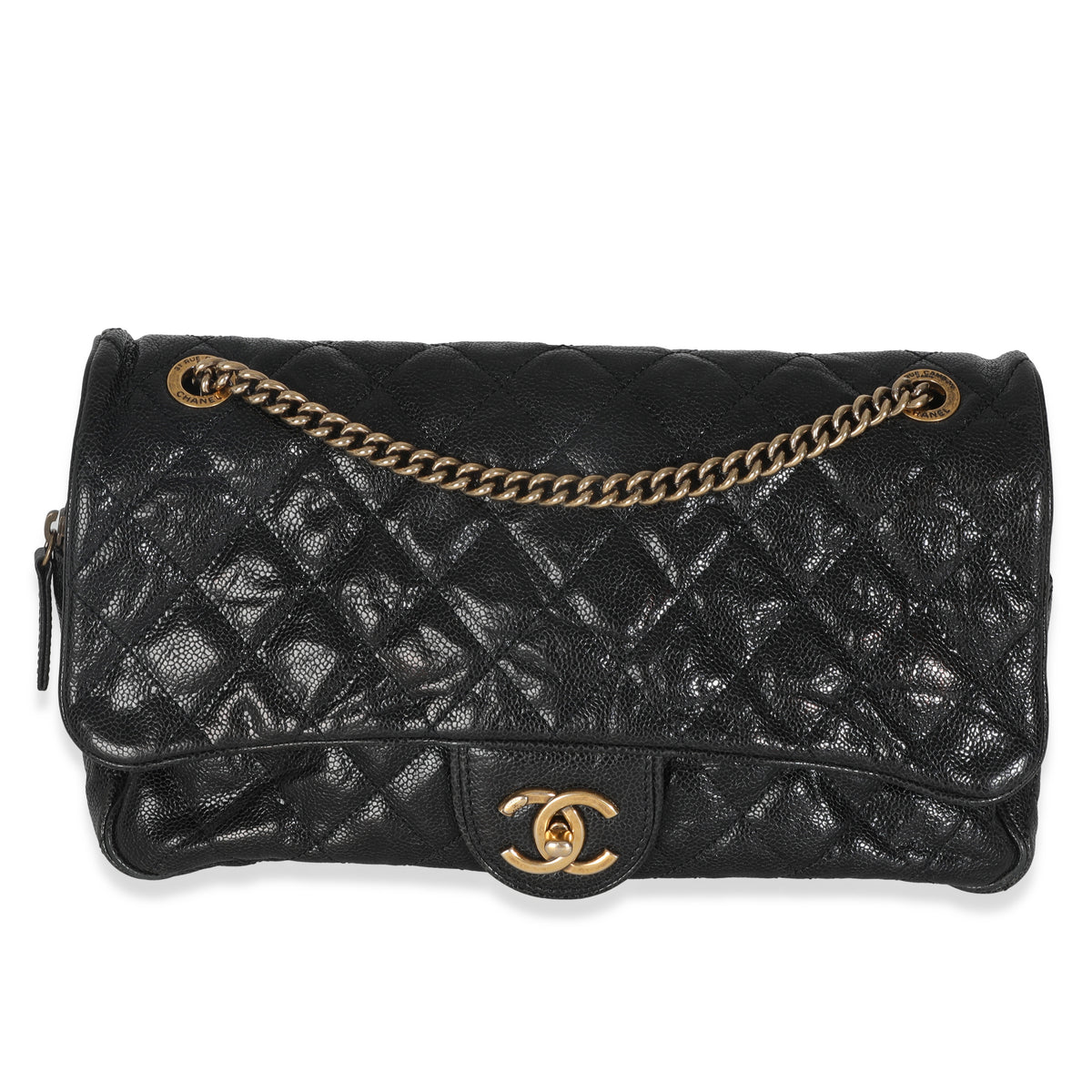 Black Quilted Distressed Caviar Shiva Flap Handbag