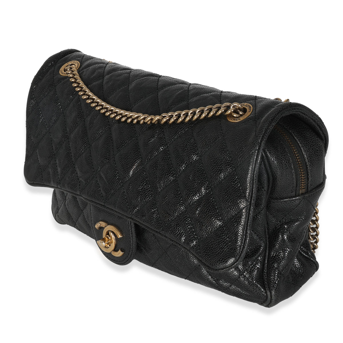 Black Quilted Distressed Caviar Shiva Flap Handbag