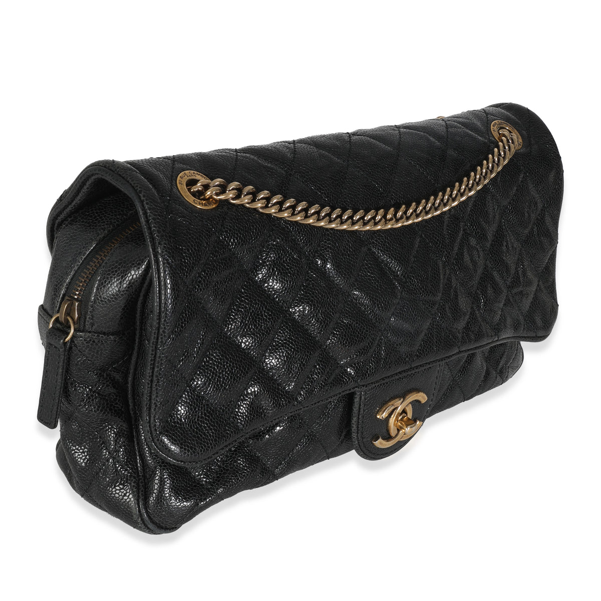 Black Quilted Distressed Caviar Shiva Flap Handbag