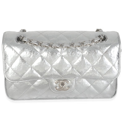 Silver Hammered Metallic Calfskin Small Classic Double Flap Bag