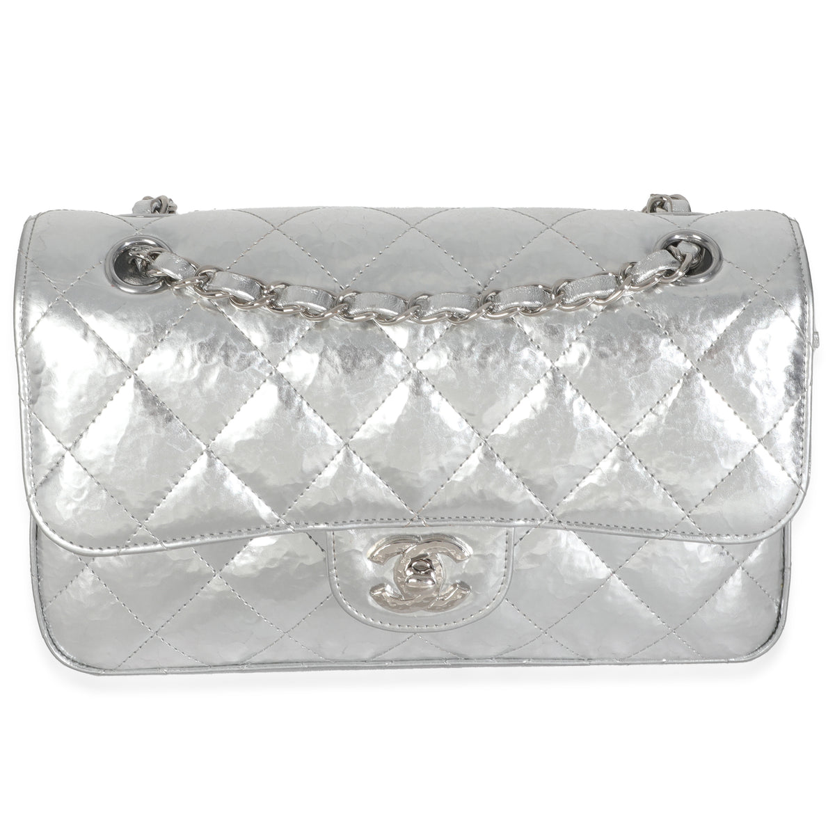 Silver Hammered Metallic Calfskin Small Classic Double Flap Bag