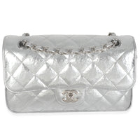 Silver Hammered Metallic Calfskin Small Classic Double Flap Bag