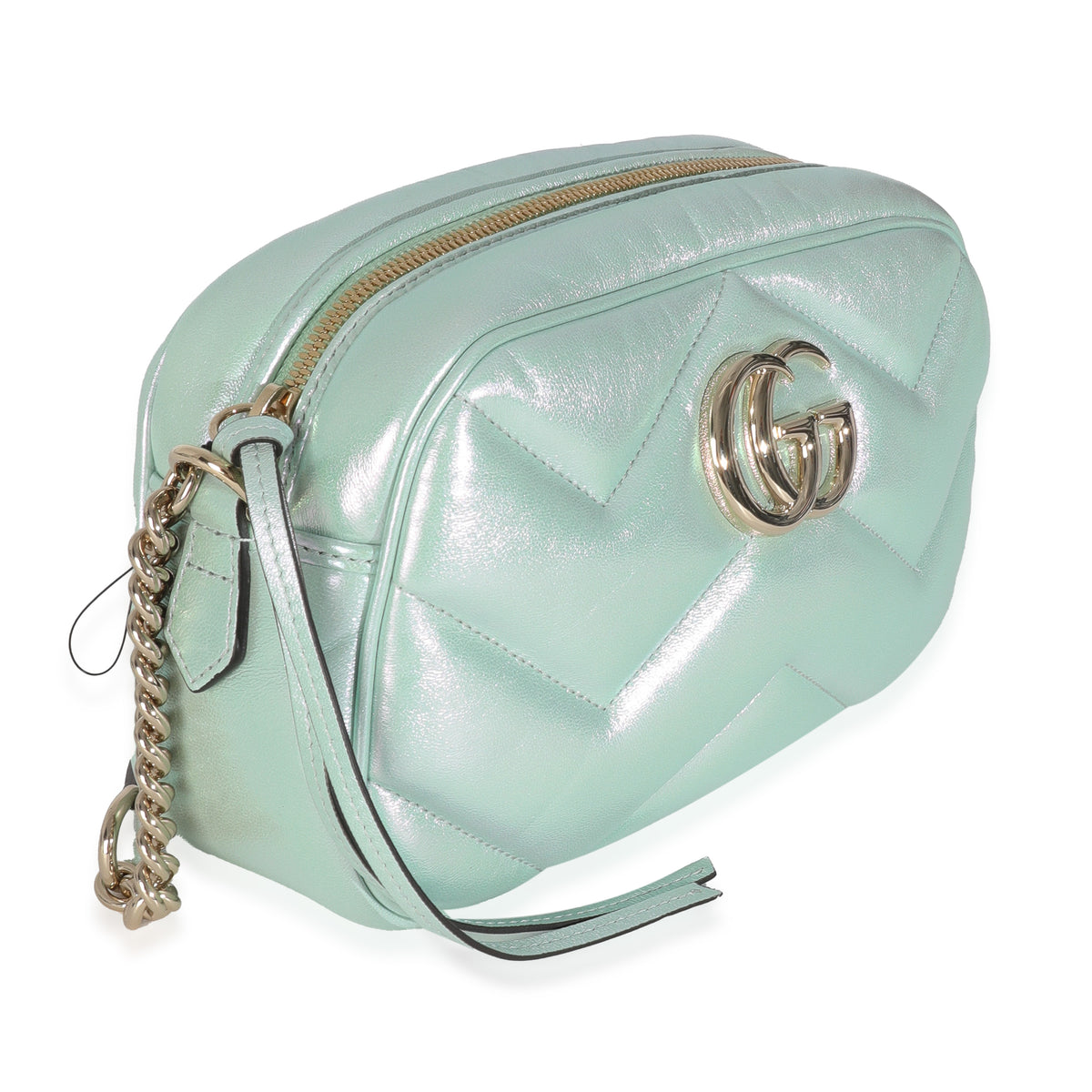Salvy Green Iridescent Nappa Chevron Matelasse Small GG Marmont Chain Bag