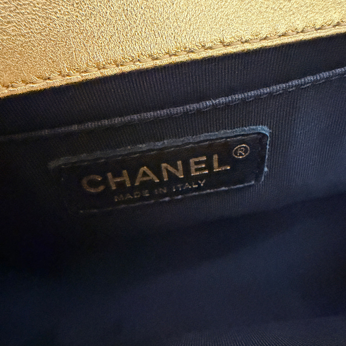 Gold Metallic Patent Calfskin Quilted Small Boy Bag