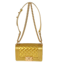 Gold Metallic Patent Calfskin Quilted Small Boy Bag