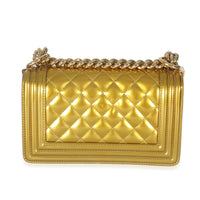 Gold Metallic Patent Calfskin Quilted Small Boy Bag