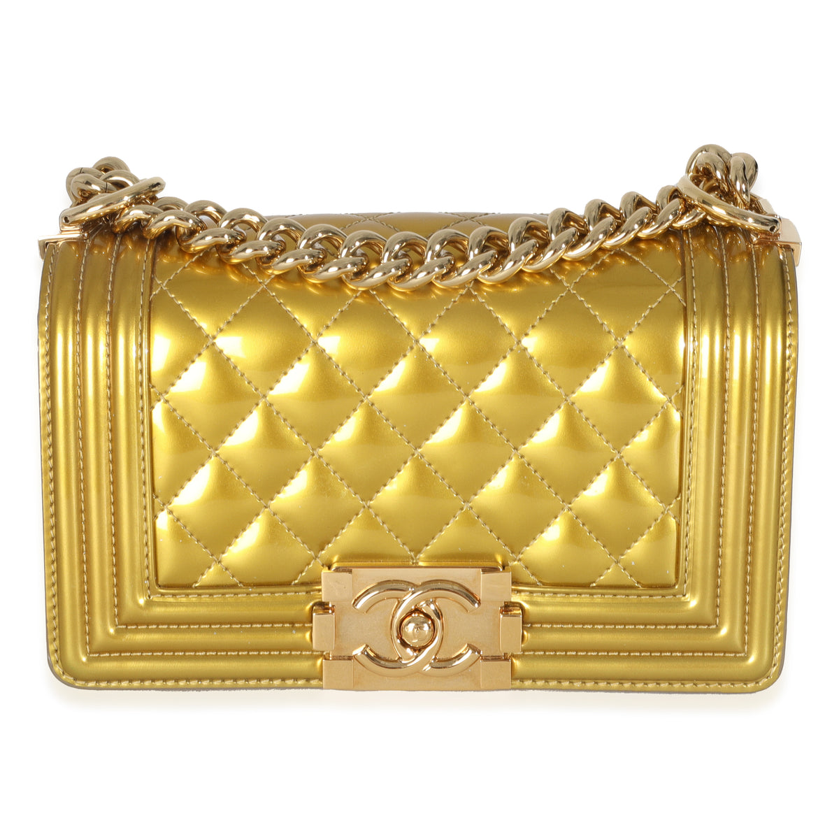 Gold Metallic Patent Calfskin Quilted Small Boy Bag