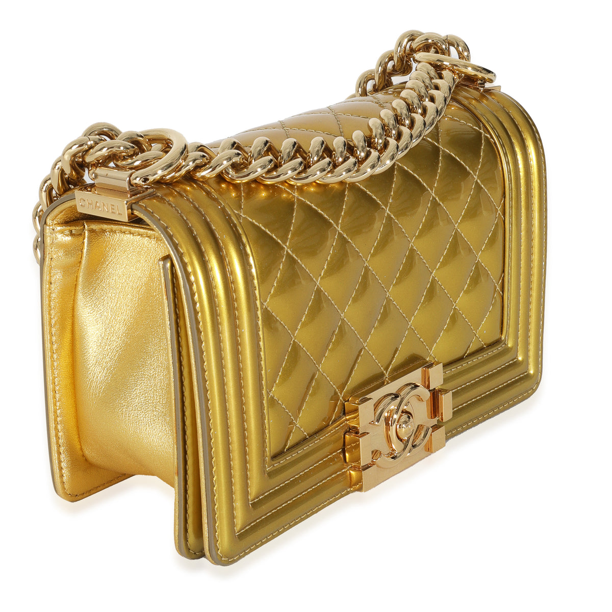 Gold Metallic Patent Calfskin Quilted Small Boy Bag