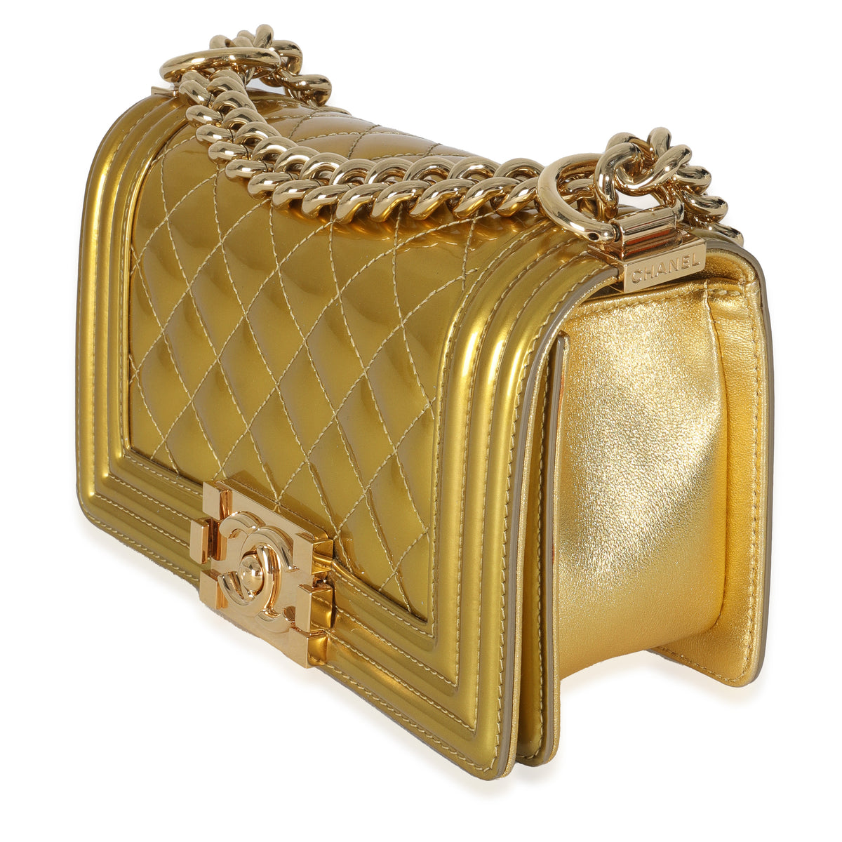 Gold Metallic Patent Calfskin Quilted Small Boy Bag