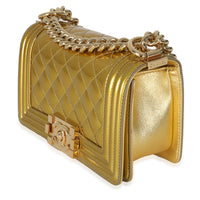Gold Metallic Patent Calfskin Quilted Small Boy Bag