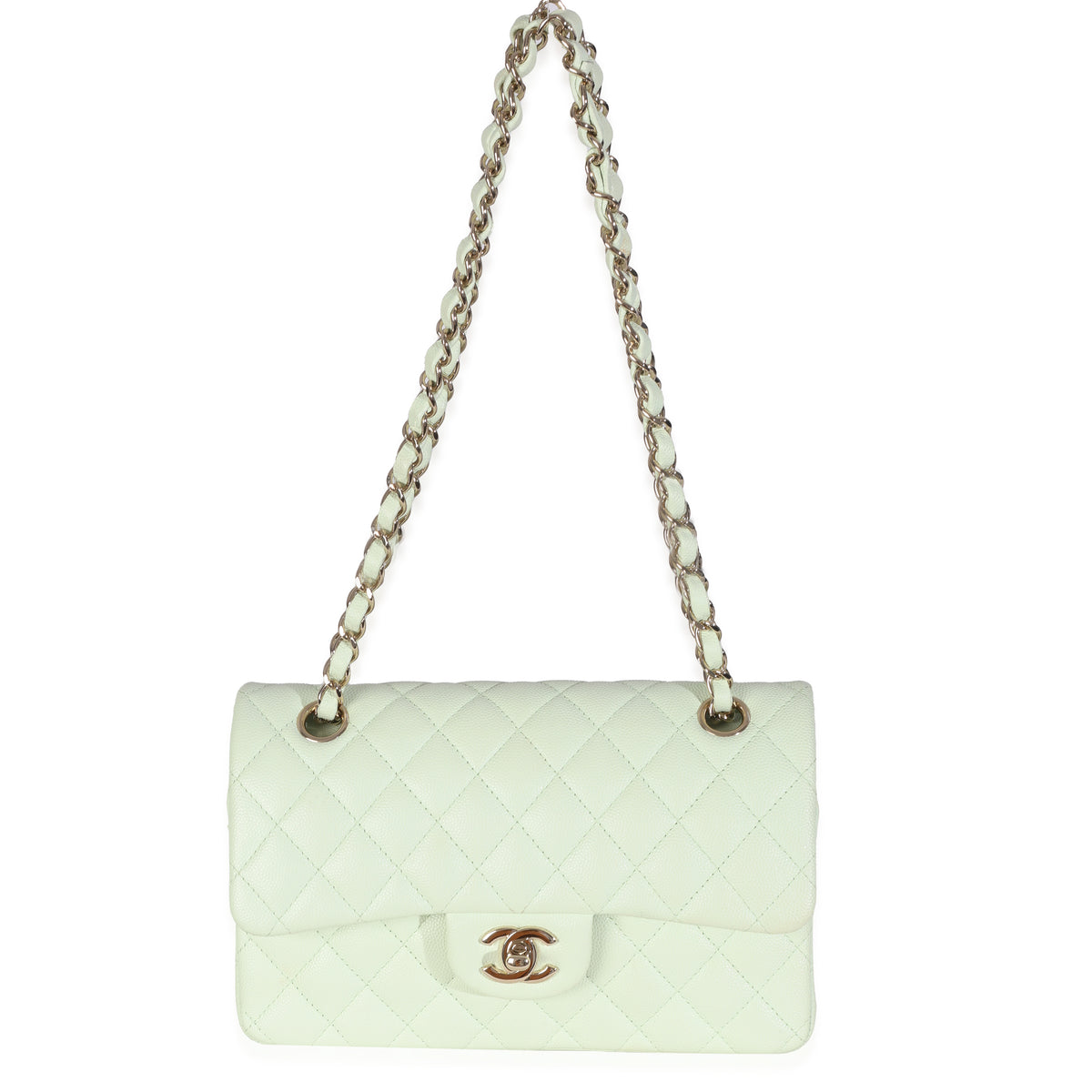 Light Green Quilted Caviar Small Classic Double Flap Handbag