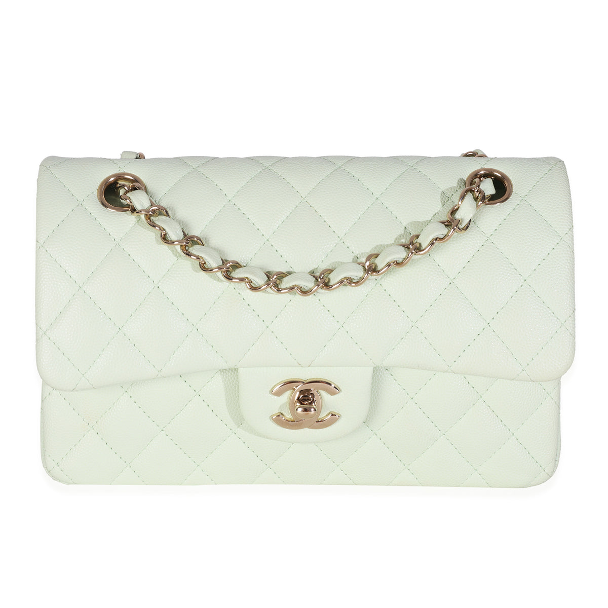 Light Green Quilted Caviar Small Classic Double Flap Handbag