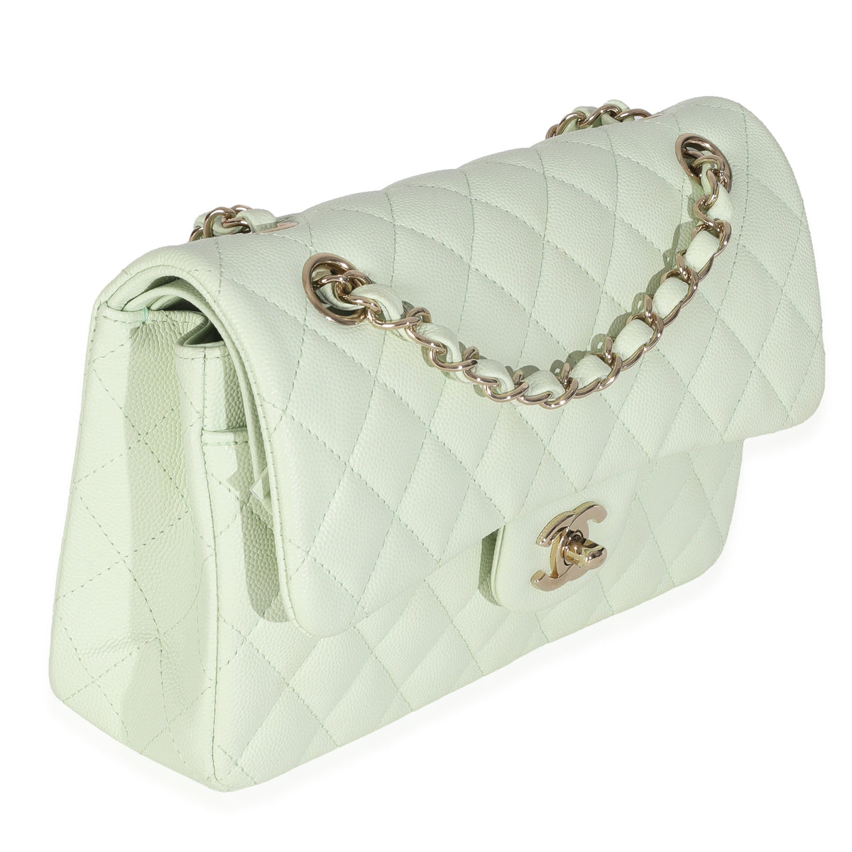 Light Green Quilted Caviar Small Classic Double Flap Handbag