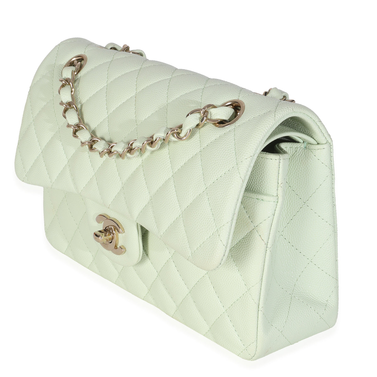Light Green Quilted Caviar Small Classic Double Flap Handbag