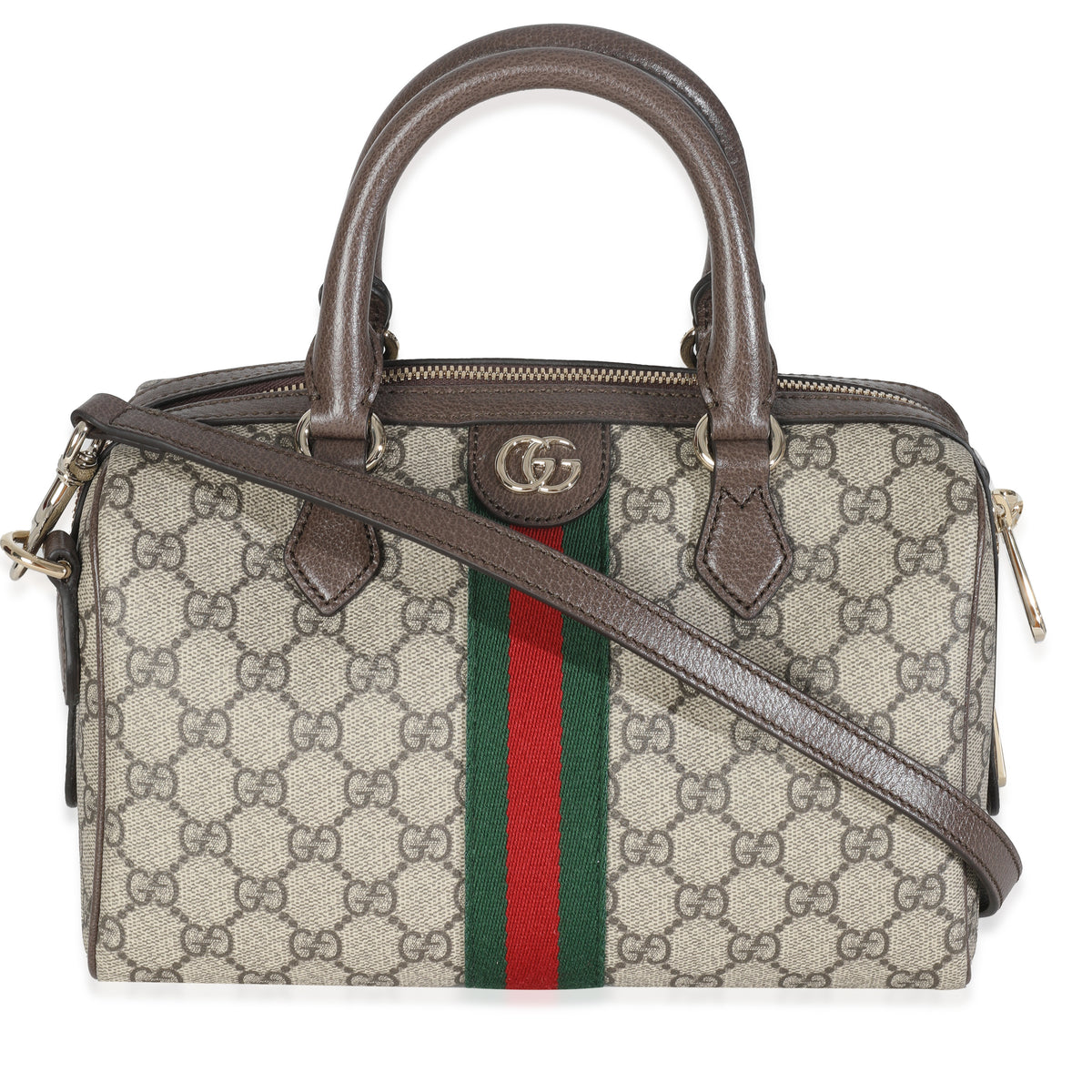 Beige GG Supreme Monogram Canvas Web Small Ophidia Top Handle Bag