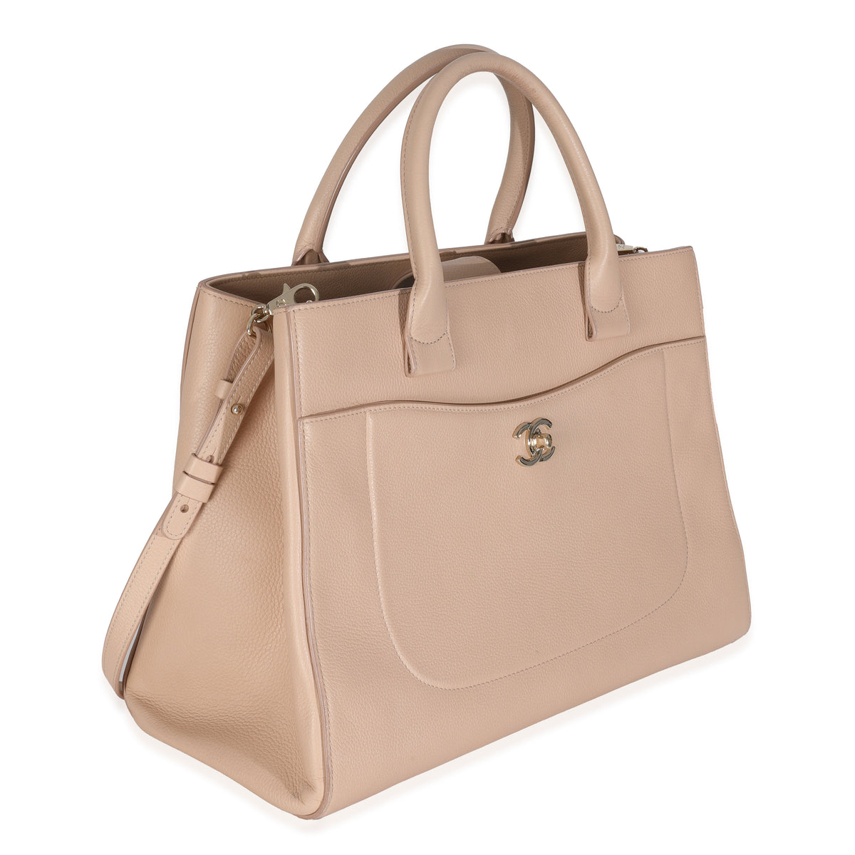 Beige Grained Calfskin Large Neo Executive Shopper Tote