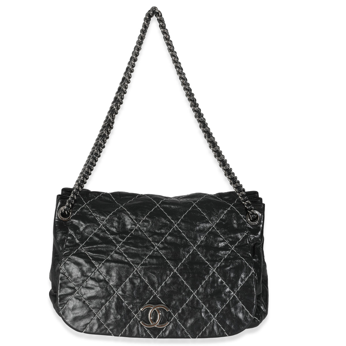 Black Calfskin Double Stitch Accordion Flap Bag