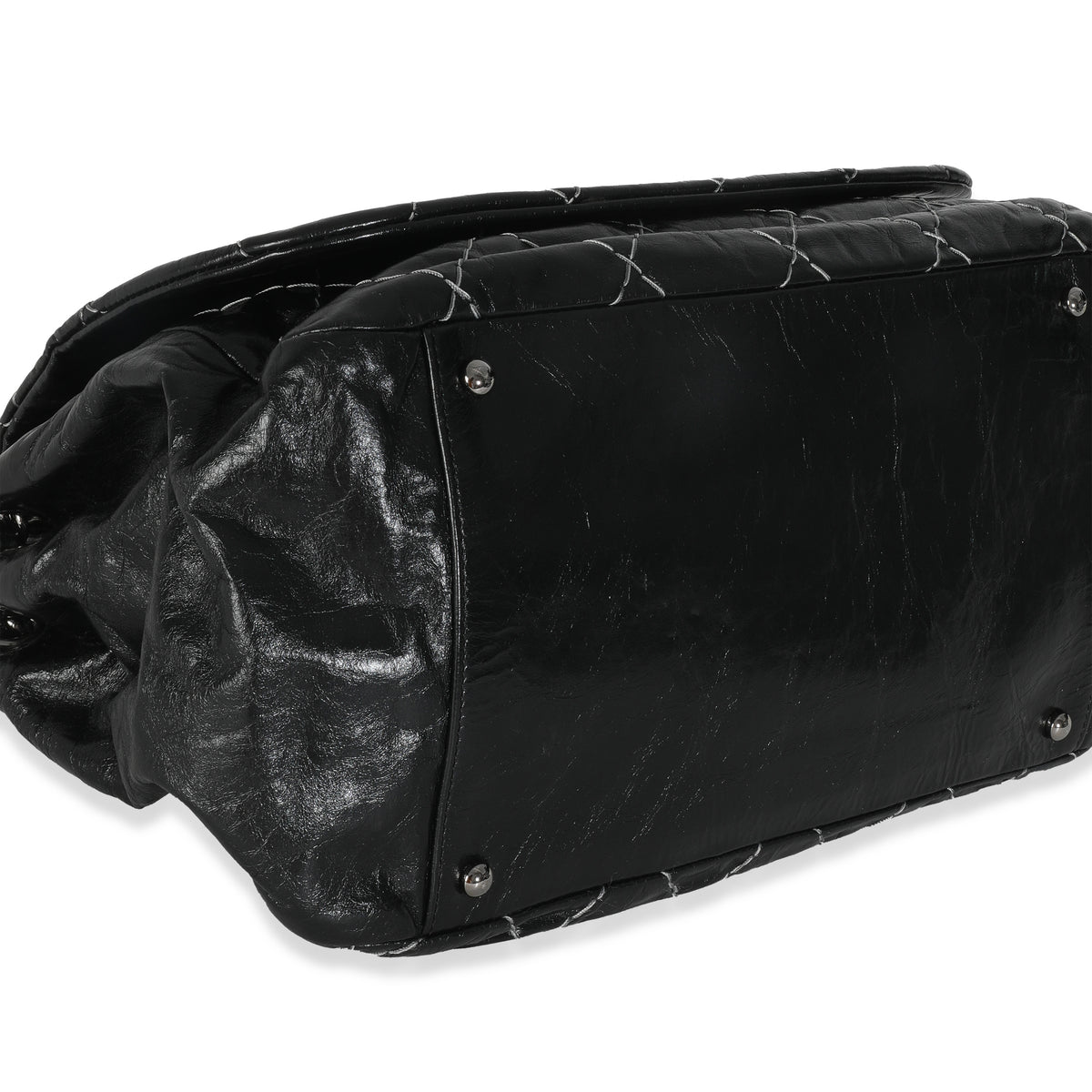 Black Calfskin Double Stitch Accordion Flap Bag