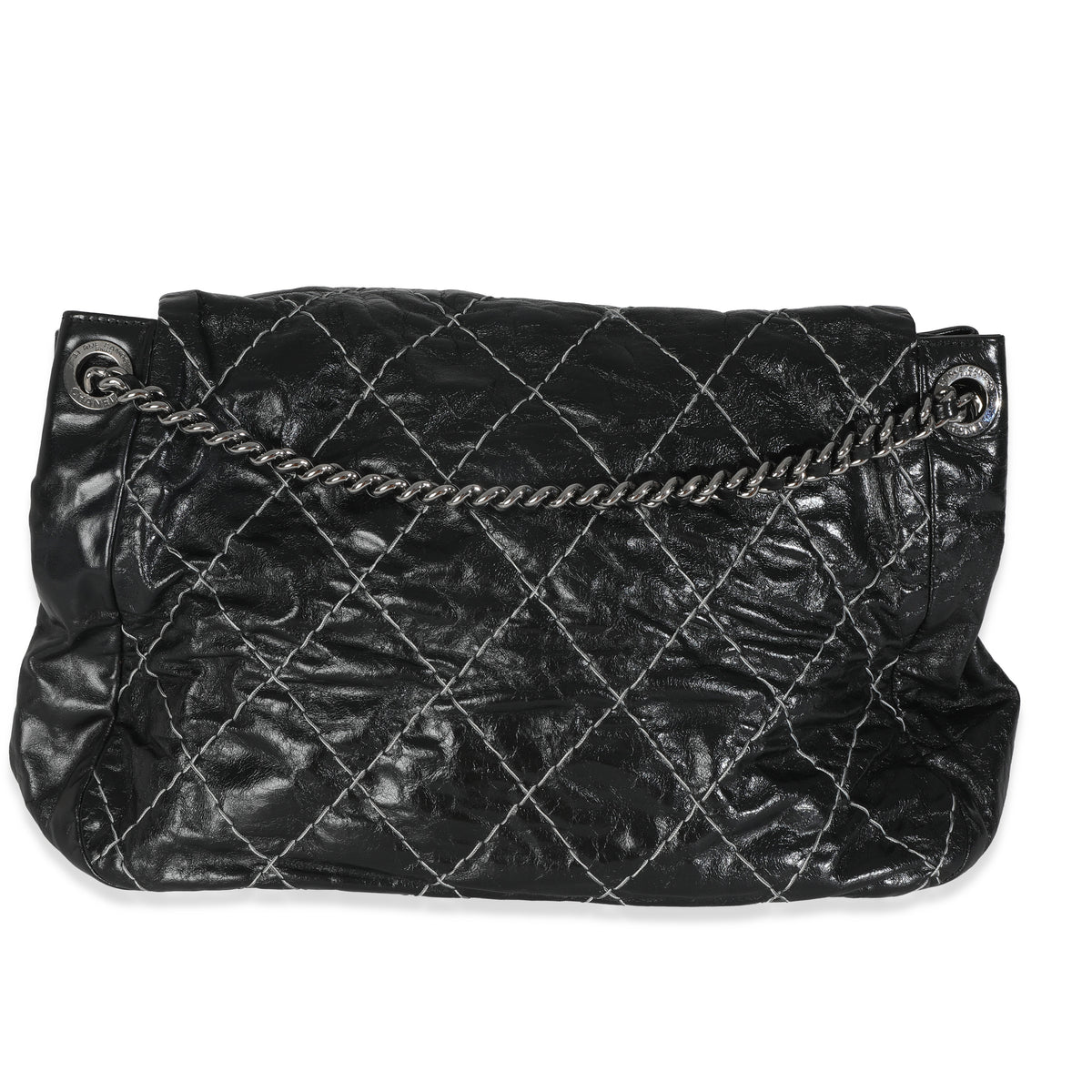 Black Calfskin Double Stitch Accordion Flap Bag