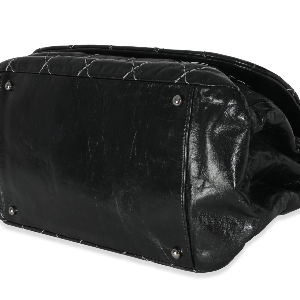 Black Calfskin Double Stitch Accordion Flap Bag