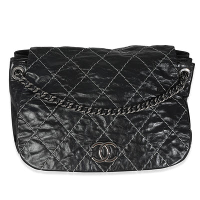 Black Calfskin Double Stitch Accordion Flap Bag