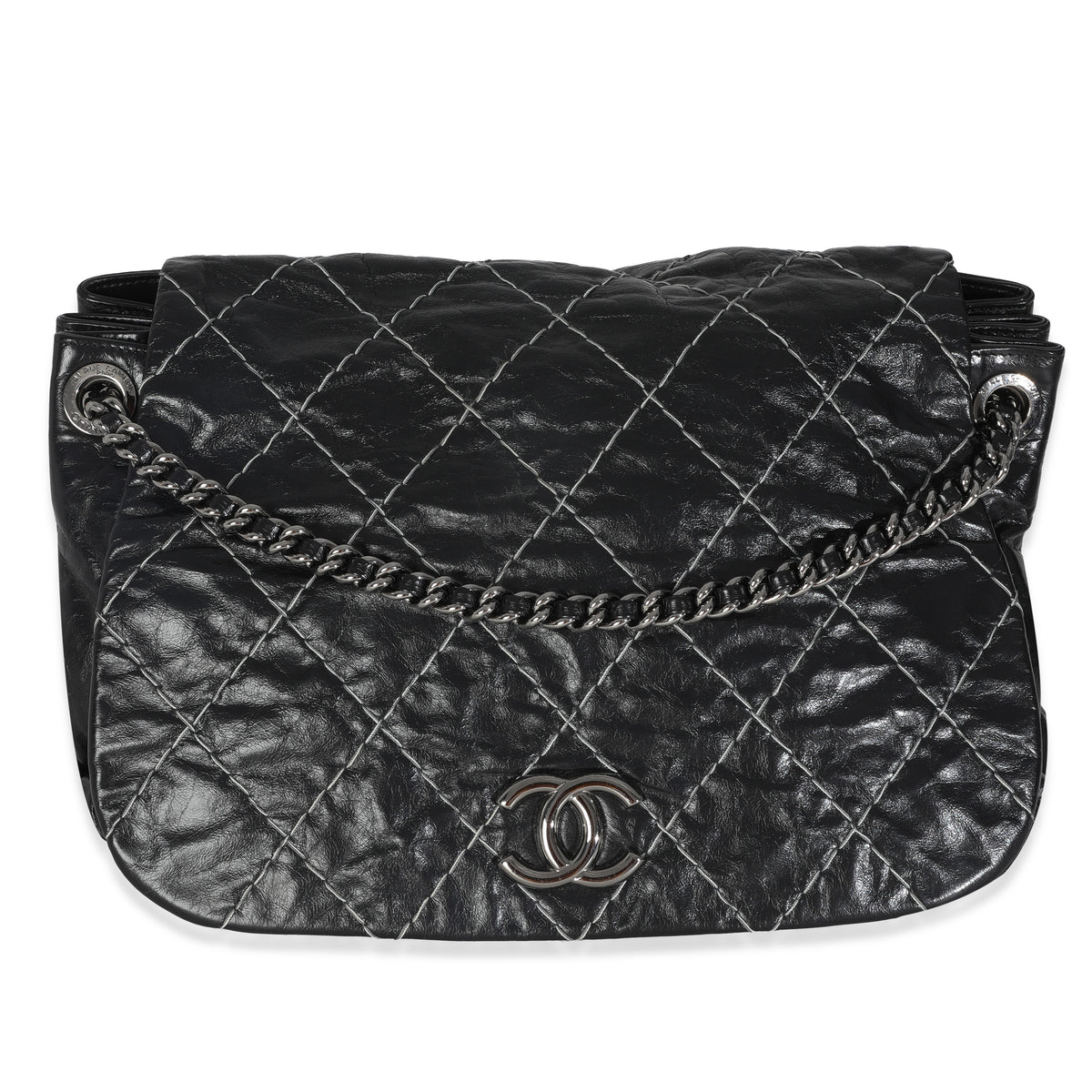 Black Calfskin Double Stitch Accordion Flap Bag