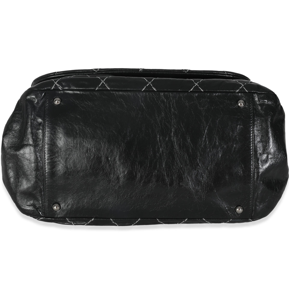 Black Calfskin Double Stitch Accordion Flap Bag