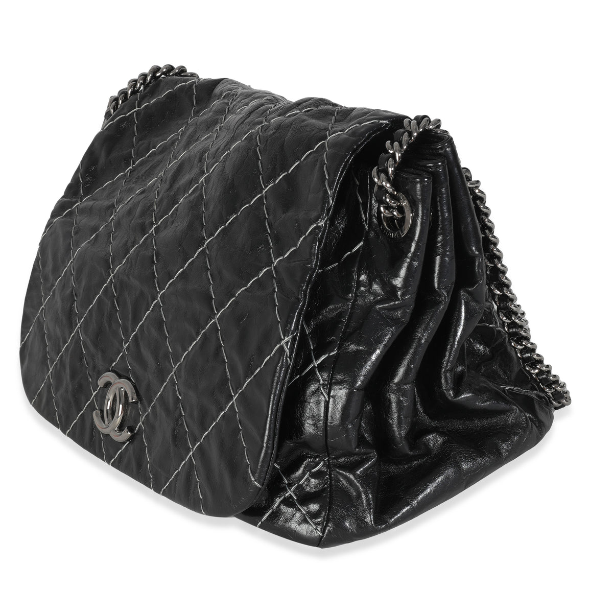 Black Calfskin Double Stitch Accordion Flap Bag