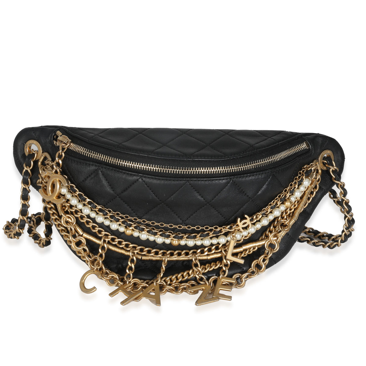Black Quilted Lambskin All About Chains Waist Belt Bag