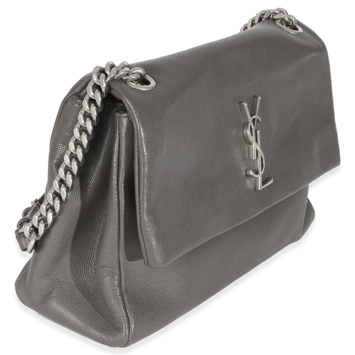 Saint Laurent Grey Grained Calfskin Medium West Hollywood Monogram Fold Over Bag Handbag pv
