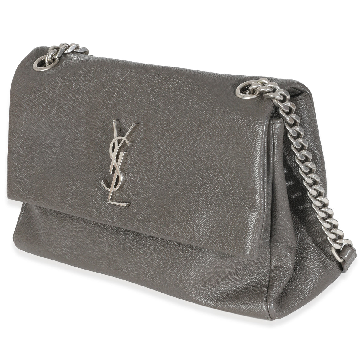 Saint Laurent Grey Grained Calfskin Medium West Hollywood Monogram Fold Over Bag Handbag sv