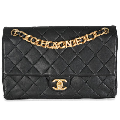 Black Quilted Lambskin Top Chain Logo Flap Bag