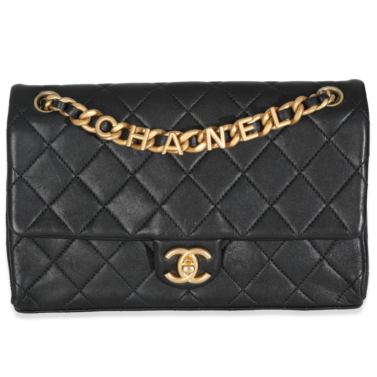 Black Quilted Lambskin Top Chain Logo Flap Bag