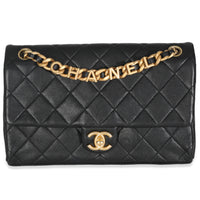 Black Quilted Lambskin Top Chain Logo Flap Bag
