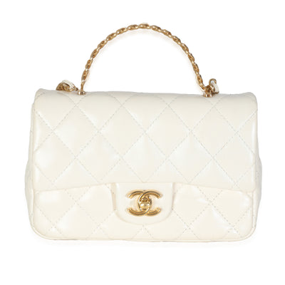 White Shiny Quilted Lambskin Golden Links Top Handle Flap Bag