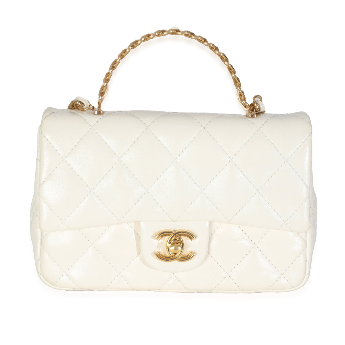 White Shiny Quilted Lambskin Golden Links Top Handle Flap Bag