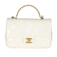 White Shiny Quilted Lambskin Golden Links Top Handle Flap Bag