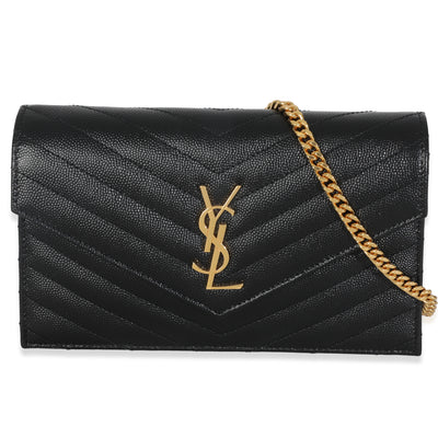 Black Grain De Poudre Matelasse Chevron Monogram Chain Wallet