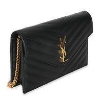 Black Grain De Poudre Matelasse Chevron Monogram Chain Wallet