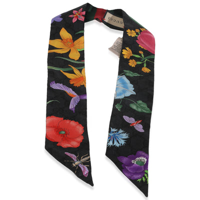 Black Multicolor Silk Twill GG Monogram Floral Twill Ribbon Scarf