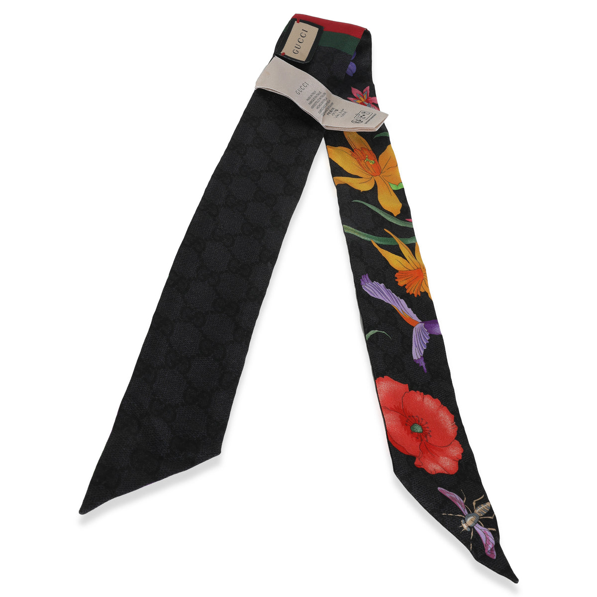 Black Multicolor Silk Twill GG Monogram Floral Twill Ribbon Scarf