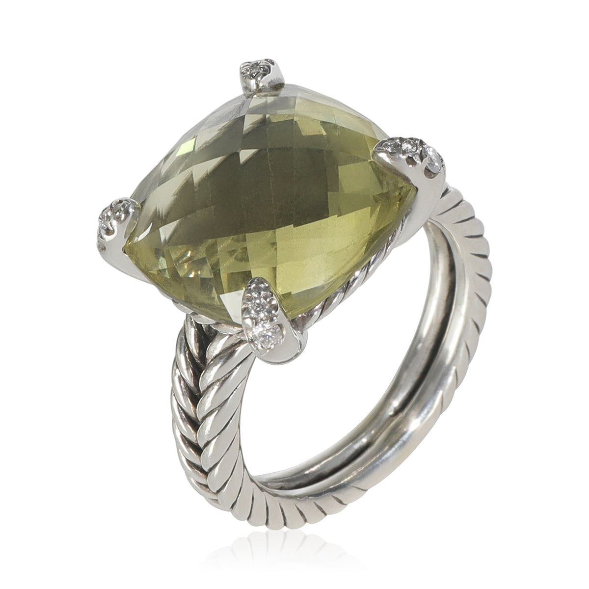David Yurman Sterling Silver Lemon Quartz and Diamond Chatelaine Ring bv