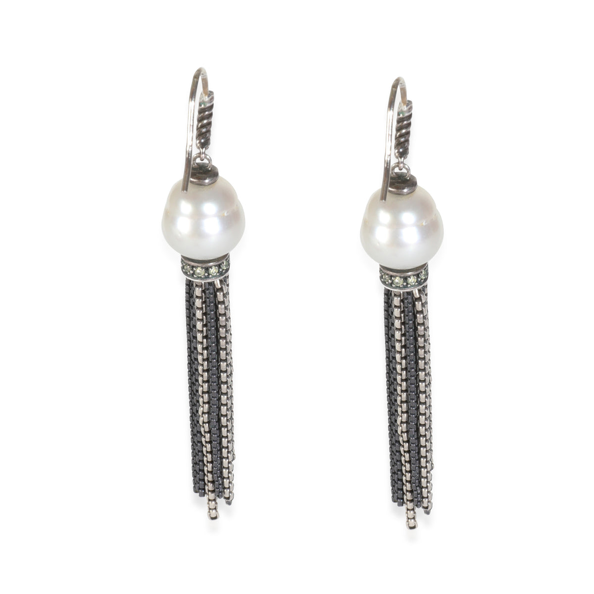 Sterling Silver Pearl and Diamond Tassel Earrings