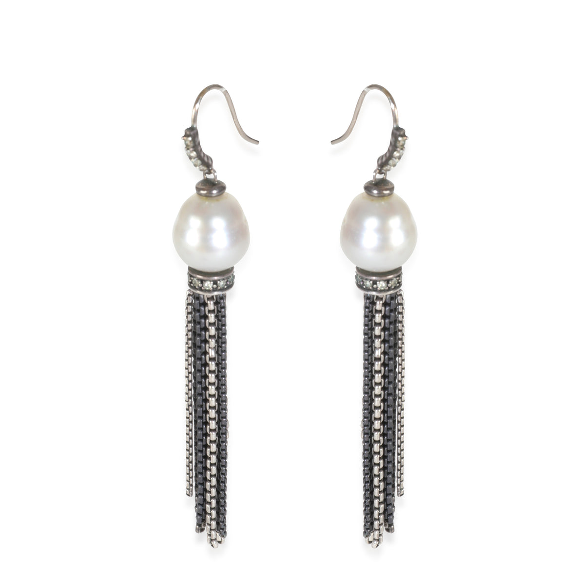 Sterling Silver Pearl and Diamond Tassel Earrings