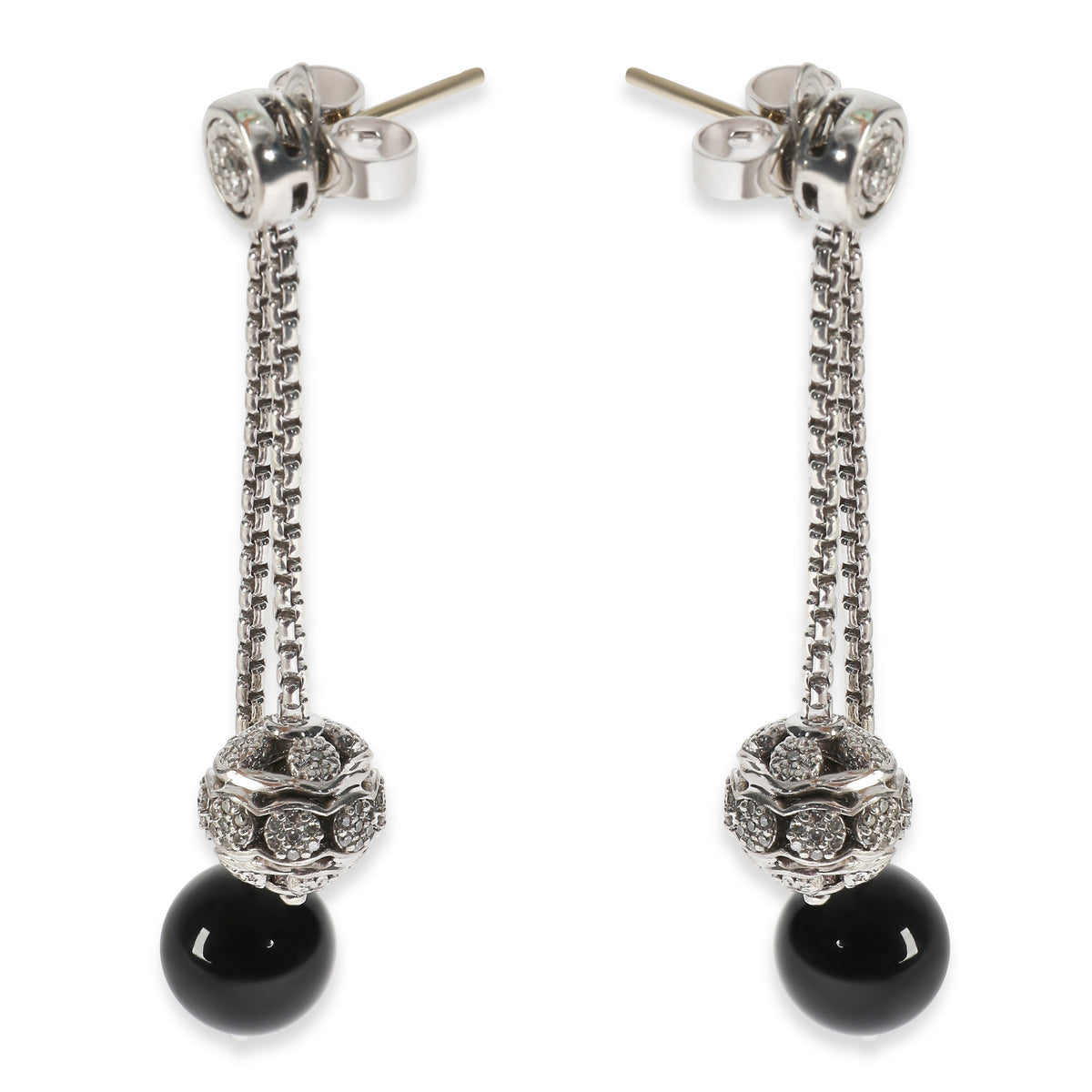 Sterling Silver Onyx and Diamond Ball Drop Earrings