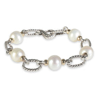 Yellow Gold & Sterling Silver Pearl Figaro Link Bracelet