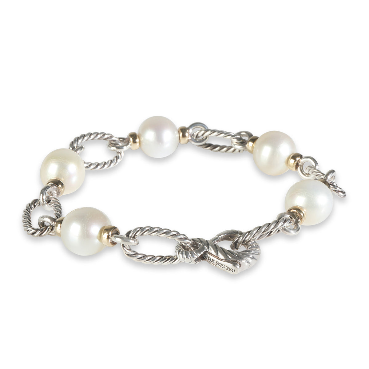 Yellow Gold & Sterling Silver Pearl Figaro Link Bracelet