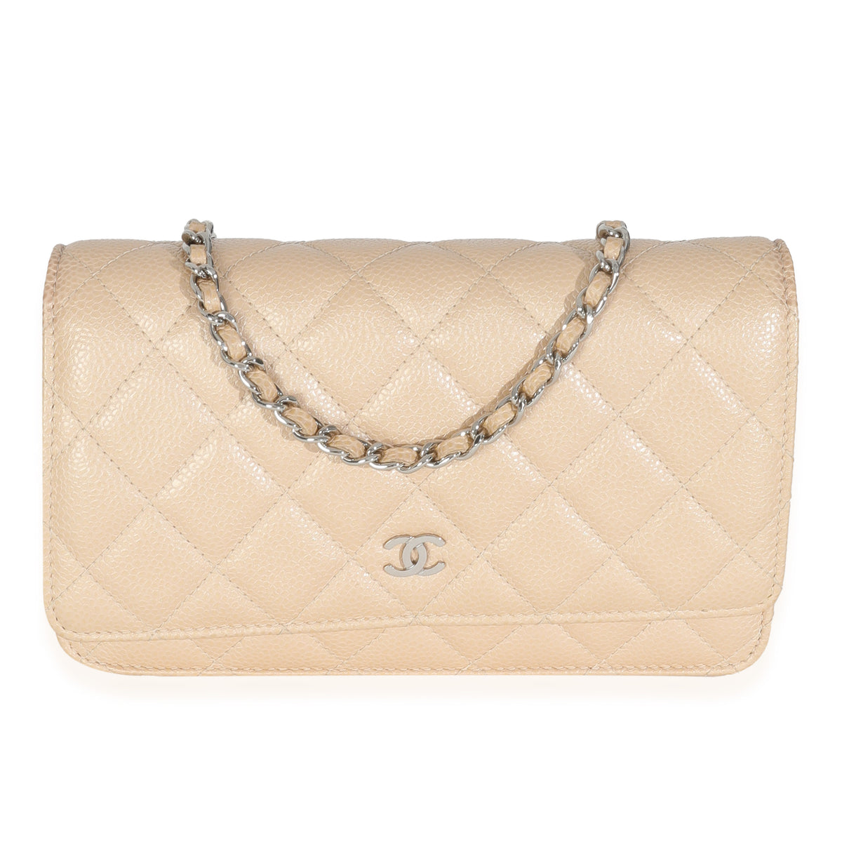 15C Beige Quilted Caviar Classic Wallet On Chain