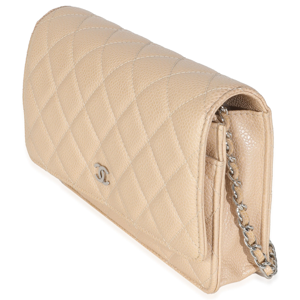 15C Beige Quilted Caviar Classic Wallet On Chain